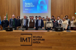 Studenti del dottorato nazionale in Cysec con Paolo Prinetto (Direttore del Laboratorio Nazionale di Cybersecurity del CINI), Baldoni e De Nicola